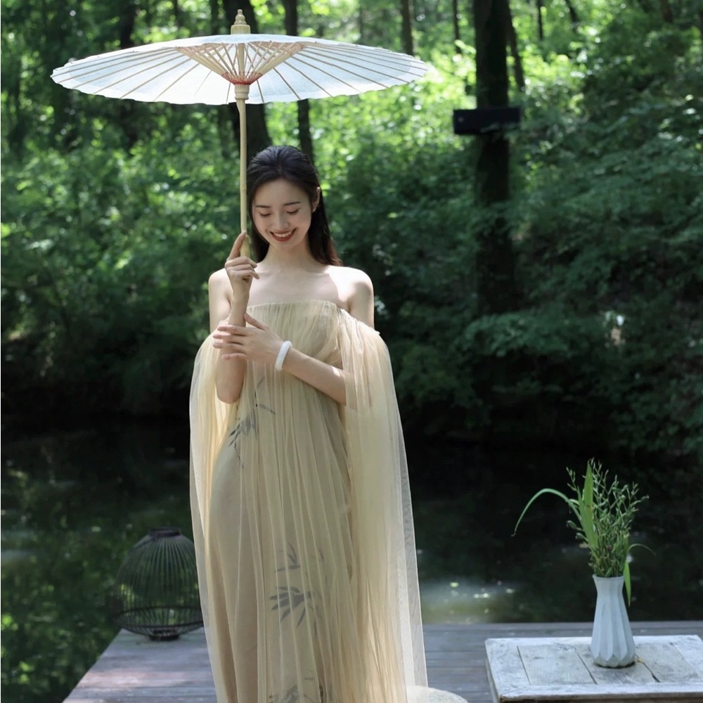 Elegant Chinese-Style Maxi Dress Off-Shoulder Baige